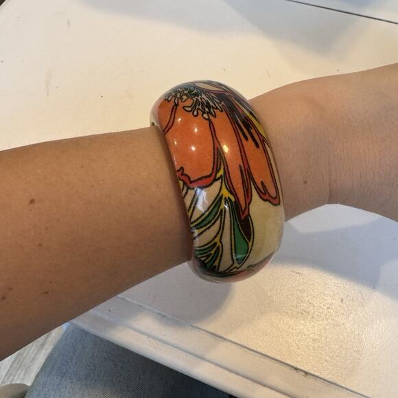 Vintage Orange Floral Wide Resin- Acrylic Chunky Bangle Bracelet Boho Funky - Picture 2 of 6